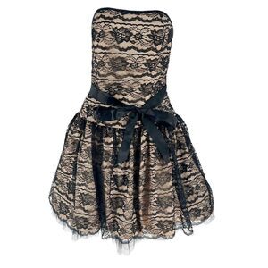 Jessica McClintock Gunne Sax Dress 9/10 Black Lace Nude Tulle Mini Prom Vintage